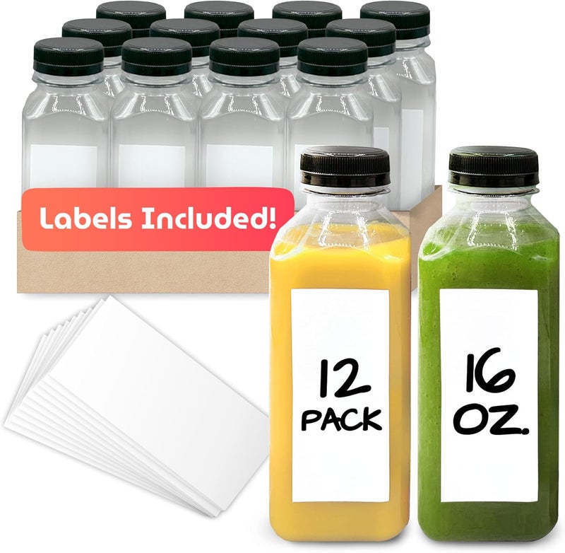Reli. . Plastic Juice Bottles [12 Pack] [16 oz] Square 16 oz Plastic Bottles with Caps & Sticker Labels | Clear, Empty for Drinks 16oz | Disposable, Reusable Containers for Juicing, Smoothies - Image 1